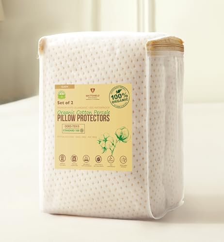 2-Pack Deluxe Cooling Organic Pillow Protectors Queen Size - Waterproof Zippered Encasements - Crisp Breathable Organic Cotton Surface with a Percale-Inspired Feel - 280GSM Air-Knit