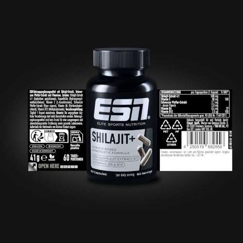 ESN Shilajit+, 60 vegane Kapseln, hochdosiert mit 2000 mg Shilajit aus Extrakt, mit Vitaminen und Piperin