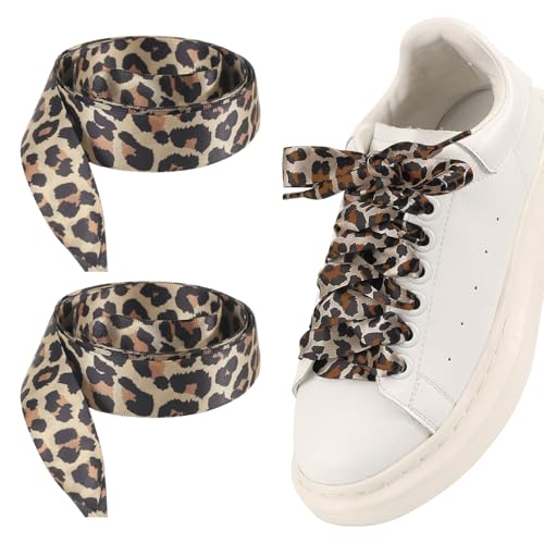 2 paia di lacci in raso, motivo leopardato, larghi, leopardo, cavità leopardata, pizzo largo, lacci per pattini e sneakers, leopardato (motivo leopardato nero marrone), Motivo leopardato marrone nero