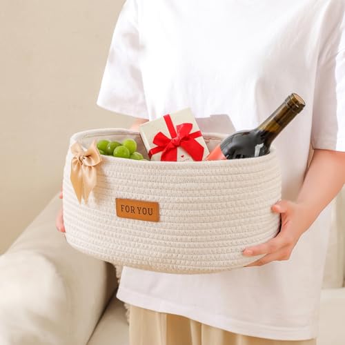 Image of Mothers Day Gift Basket Empty Woven Basket with Bowbie Greeting Cards Ribbon Gift Bag Set, Cotton Rope Storage Baskets With Handle For Baby Belongs Toy Storage Basket Party Holiday Shower Gifts Box