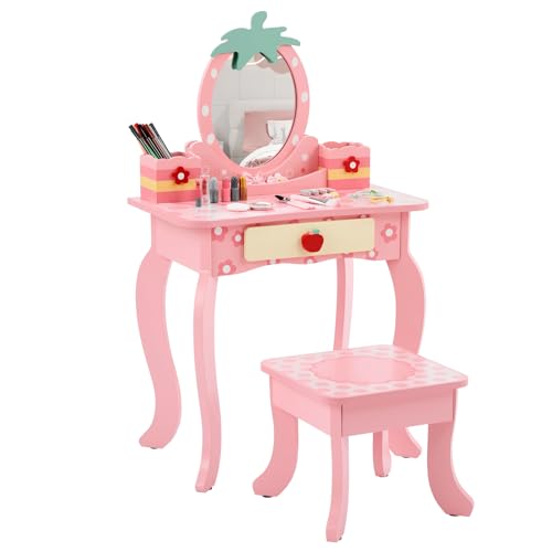 Image of Vanity Set,ShyneeMakeup Dressing Vanity Set Wooden Princess Makeup Table with Cushioned Stool,Drawer,Wooden Legs and Mirror, Make Up Dressing Play Set for Girls (Pink Red)