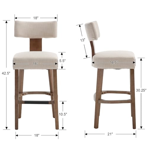RIVOVA 30” Bar Stools Set of 2 Counter Height Bar Stools Modern Kitchen Bar Stools with Back & Solid Wood Legs, Farmhouse Upholstered Island Stools Countertop Bar Chairs, Beige