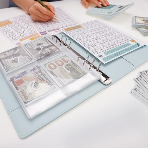 Image of Antner 100 Envelopes Money Saving Challenge Binder, Savings Challenges Book with Envelopes & 3 Challenge Trackers to Save $5,050 and $500 and $10,000, A5 Budget Binder Money Saving Book, Mint Blue