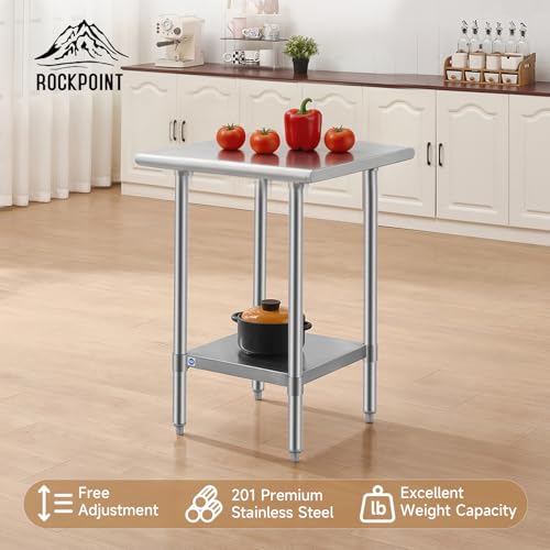 Image of ROCKPOINT All Stainless Steel Table for Perp & Work 24x24 Inch,Commercial Heavy Duty Workbench with Stainless Legs & Adjustable Undershelf, 670 lb Capacity for Restaurant,Home and Outdoor Kitchens