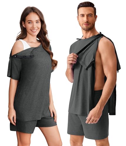 Deyeek 2Pcs Unisex Post Shoulder Surgery Shirts & Shorts Tear Away Shirts for Rotator Cuff Surgery Chemo Port Access Clothes