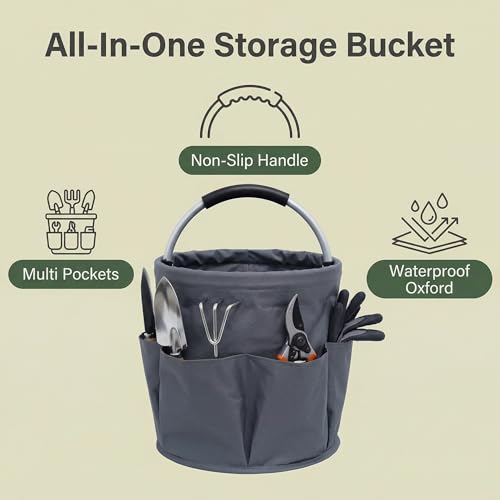 MGUOXA Cleaning caddy with Handle,17L Foldable collapsible bucket 600D Oxford Fabric, 6 Pockets Portable Multi-Use Organiser for Home, Garden, Camping,Grey — view 2