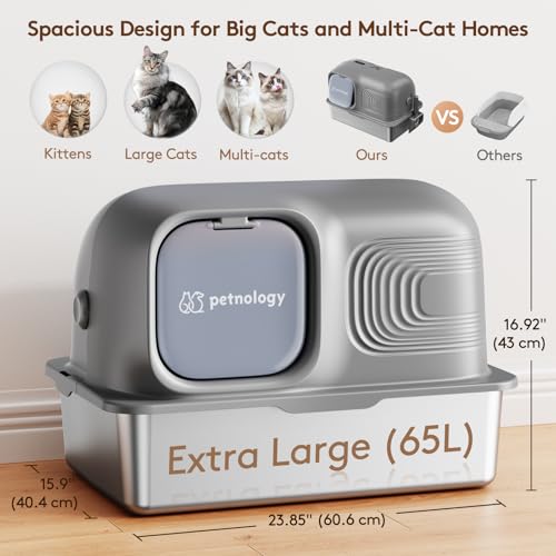 Stainless Steel Litter Box, Patented Ordor Control Technology, No Filters Needed, Convenient Flip-Top Lid, Extra Lage 65L Enclosed, Anti-Leak, Comes with Scoop & Litter Mat, Easy to Clean