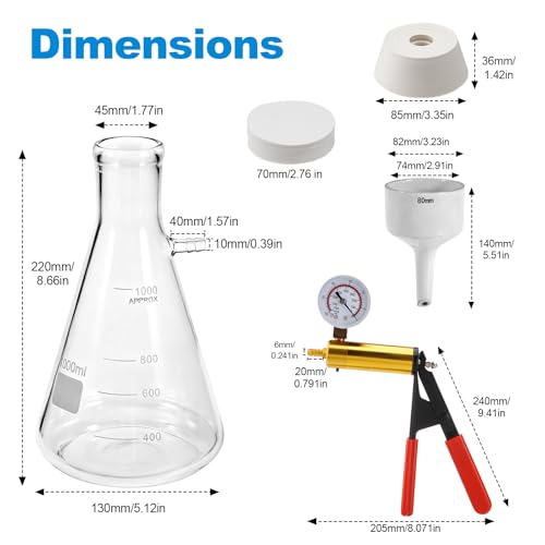 FOUR E'S SCIENTIFIC 1000mL Buchner Funnel Filtration Kit with Hand-held Vacuum Pump, 1000mL Lab Vacuum Flask, Rubber Stoppers, 100 Pcs Filter Papers