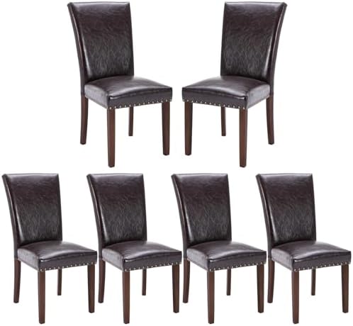 COLAMY Upholstered Parsons Dining Chairs Set of 6, PU Leather Dining Room Kitchen Side Chair with Nailhead Trim and Wood Legs - Dark Brown