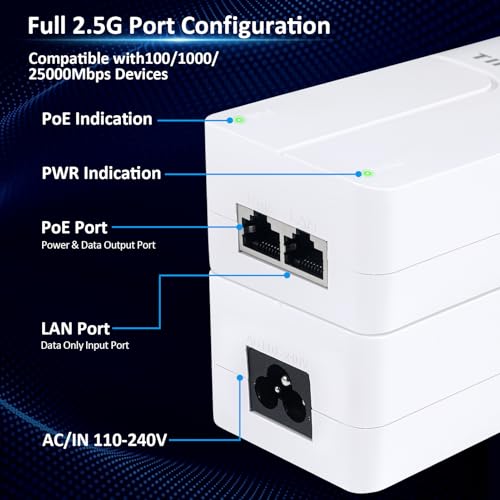 PoE Injector 2.5Gb 60W 55V, 802.3af/at/bt Compliant PoE++ Adapter, Plug & Play, Data & Power Over Ethernet, Up to 328ft, for PTZ IP Camera, Dual Band AP, Video Phone, Audio System (60W)