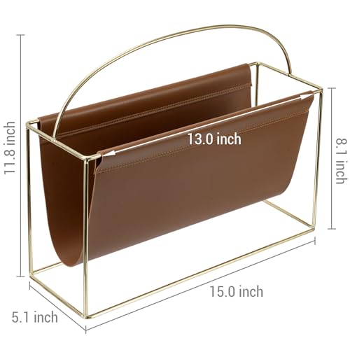Mygift OFC1429BAS 15 Inch Mid Century Modern Magazine Holder With Brass Tone Metal Frame And Caramel Brown Leatherette Sling thumb #4