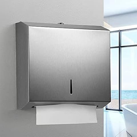 NICEME Paper Towel Dispenser, Stainless Steel Towel Dispenser, Lockable, Wall Mounted Tissue Dispenser, for Folded Towels for 250 to 400 Paper Towels Cover