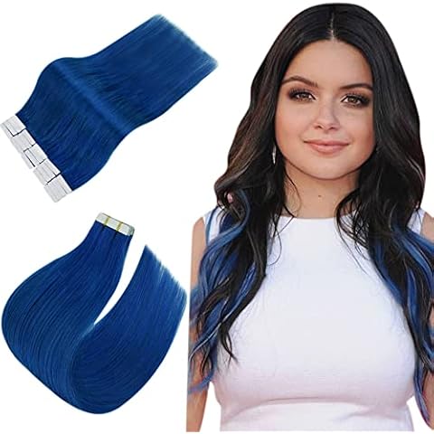 Easyouth Tape in Hair Extensions Human Hair Blue Tape in Extensions Remy Hair Colourful Tape in Real Hair Extensions Blue Hair 10Pcs 20g 12 Inch Cover