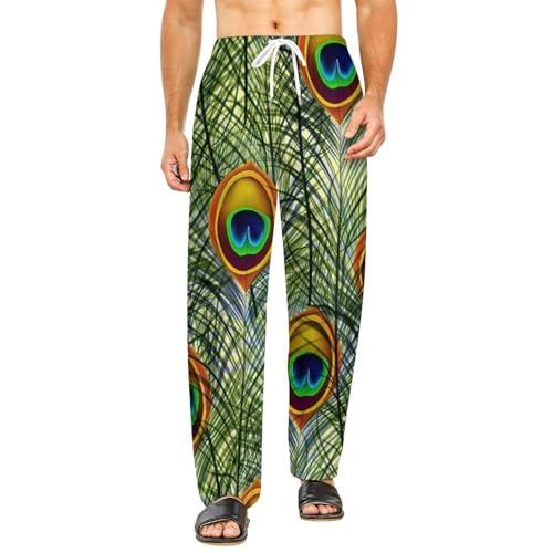 Bas de pyjama femme long plume de paon fluide avec poches confort