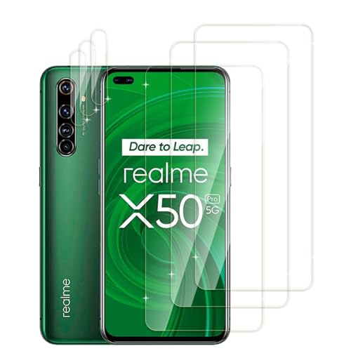 Jinshiweikai 4 Piezas: 2 x Protector Pantalla para Realme X50 Pro 5G y 2 x Protector de Lente de cámara, 3D Cobertura Completa, Dureza 9H Antiarrayazos, HD Ultraclaro