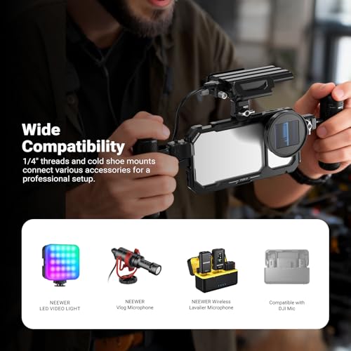 Image of NEEWER Phone Cage Compatible with iPhone 17 Only, Quick Release Video Rig Stabilizer Accessories Kit with 67mm Filter Ring, 17mm Lens Backplate, T Mount Adapter, Camera Control Cap, PA158 (Black)