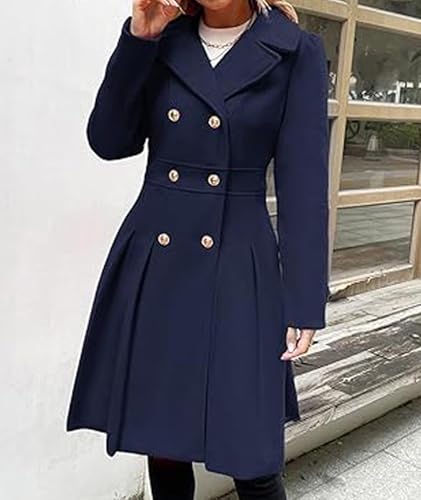Image of Sexyshine Women's Double Breasted Trench Coat Notch Lapel A-Line Slim Flared Pleated Wool Blend Pea Coat with Pockets
