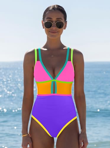 Image of popvil Women One Piece Swimsuit 2026 Tummy Control Sexy Cutout Neon Color Block Bathing Suit Slimming Adjustable Swimwear