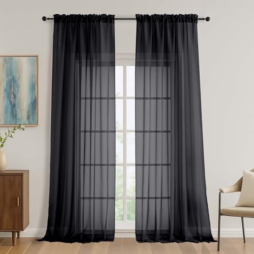 Image of OVZME Black Bedroom Curtains 96 Length for Farmhouse, 59 Inch Extra Wide Light Filtering Voile Drapes Light Airy Window Decor for Patio Door Living Room Bedroom Dining, 59Wx96L Inches