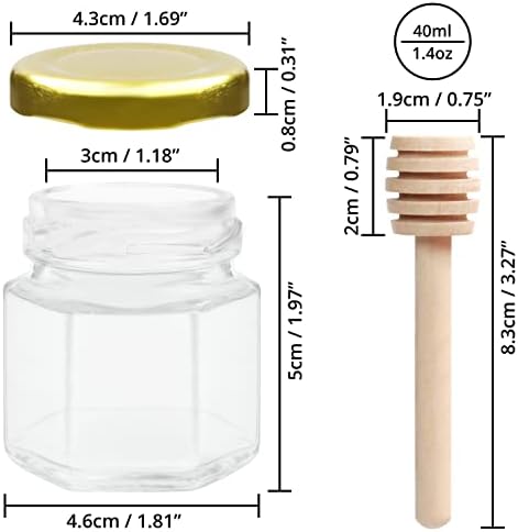 BELLE VOUS 1.4 oz (20 Pack) Hexagonal Glass Honey Jars - 4.6 x 5cm / 1.81 x 1.97 Inches - Mini Pot with Lid & Wooden Dipper - Mason Jar for Foods, Jams & Spices - Baby Shower, Wedding & Party Favors