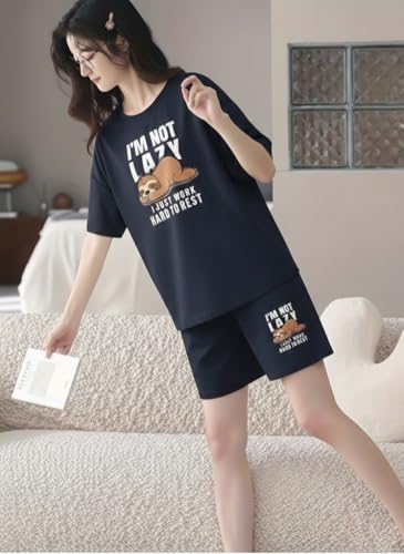 Image of Women Korean Cotton Blend Night Suit | Printed Shorts Sleepwear Set | Short Night Dress Set for Women | Soft Printed T-Shirt & Shorts Pajama Set | Comfortable Summer Nightwear for Ladies & Girls