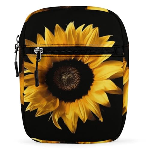 Personalized Small Crossbody Bag Water Resistant Messenger Bags Mini Sunflower on Black Background Printing SlingBag For Men Women
