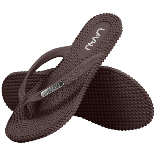 LAVAU Flip Flops for Women, Waterproof Non Slip Thong Sandals for Shower Beach Pool, 100% Recyclable 8 Brown