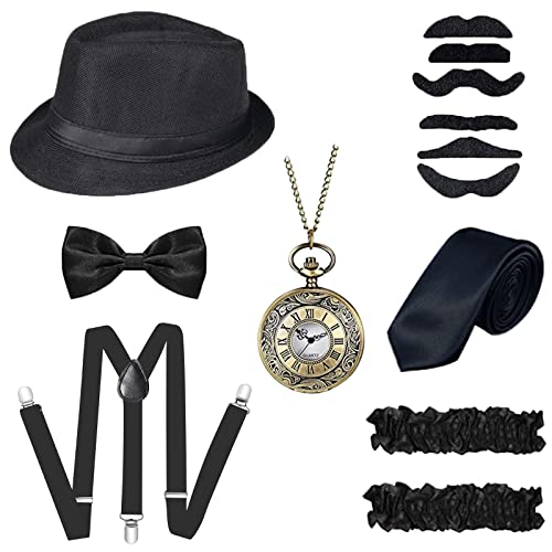 Image of YADODO Gatsby Accessories Men 1920s Accessories for Women Reverse Role Playing 1920s Mens Costume Gangster Accessories Roaring with Pocket Watch/Fake Moustache/Fedora Hat for Men Halloween Christmas