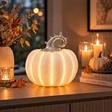 Jumbos Dekowelt Kürbis LED Porzellan Weiß mit Silberstiel – Herbstdeko & Halloween Deko, warmweißes LED-Licht, 6H Timer, batteriebetrieben, eleganter Deko Kürbis für Tisch, Sideboard & Fensterbank