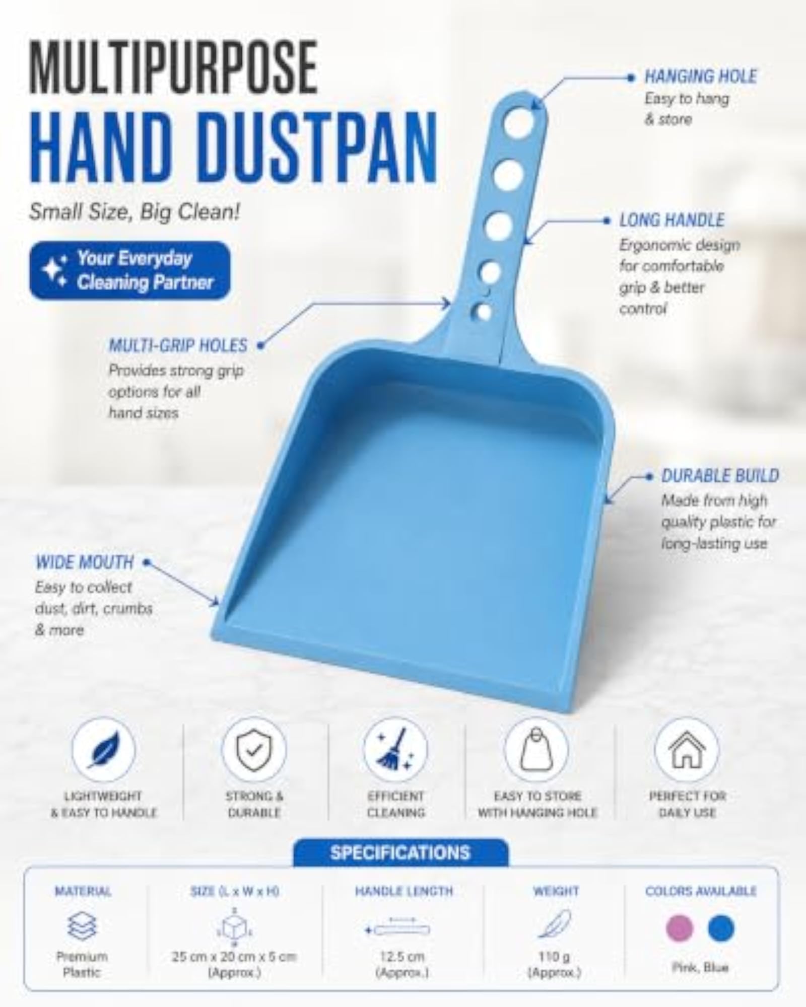 Plastic Unbreakable Dustpan Big Size with Long Handle, Pack of 2
