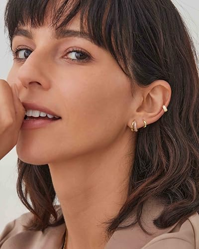 Image of 4Pairs Statement Gold Hoop Earrings for Women Trendy,Surgical Steel Gold Plated Hoop Hypoallergenic Earrings Set,Titanium Hoops Earring Stacks,CZ Cartilage Huggie Hoops Earring Gifts for Girlfriend