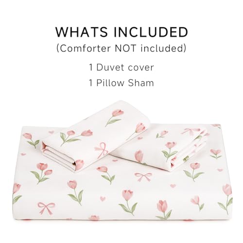 Image of Floral Duvet Cover Set Twin Size,Pink Tulip Bow Ties Reversible Bedding Set with Heart Pattern for Girls Kids,Romantic Microfiber Comforter Cover 2Pcs with Zipper Closure and 1 Pillowcase