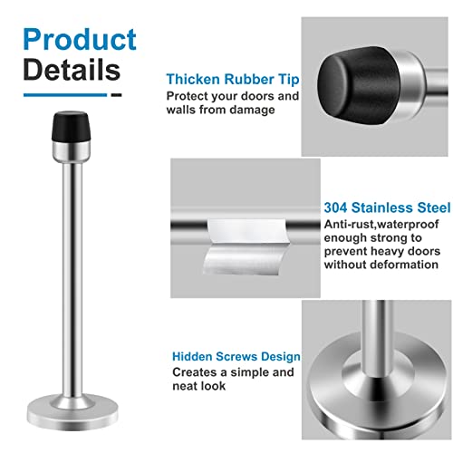 Door Stoppers 6 Inch Door Stops Heavy Duty Rustproof Stainless Steel Screw-In Door Holder With Babyproof Black Rubber Bumper Tips - Protects Your Walls - Long Door Stop Silver 1 Pack #TOP2