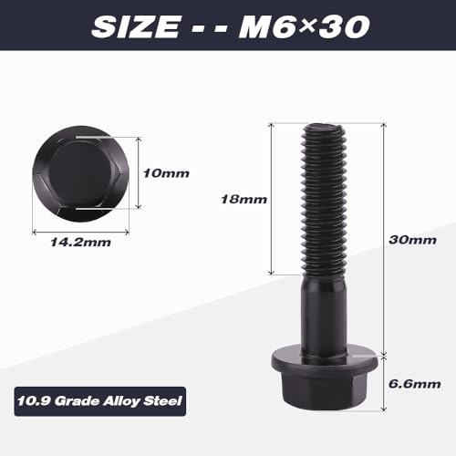 Image of M6-1.0 x 30mm (25 pcs) Flanged Hex Bolt Screws Black Oxide Finish, 10.9 Grade Alloy Steel, Large Flange Washer Head, DIN6921 /GB5789, Partial Thread