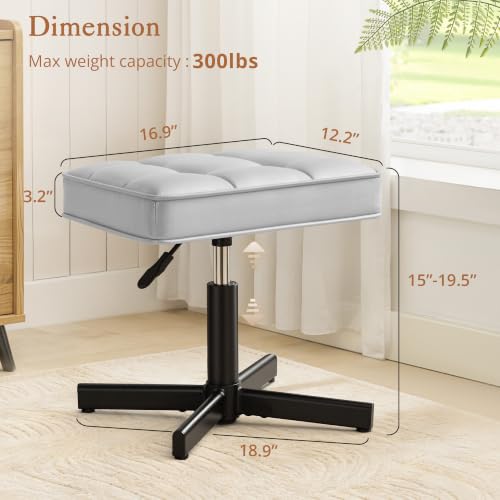 Image of LUE BONA Adjustable Vanity Stool, 15''-19.5'' Foot Rest Under Desk, 360 Swivel Vanity Chair for Makeup Room, Silver Upholstered Faux Leather Ottoman for Bathroom & Living Room, 300lbs