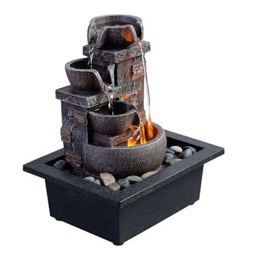 Kalona Décor Desktop Fountain - 10 Inch 4-Tier Design With Imitation Stone, Indoor Waterfall Tabletop River Rocks & Resin Material For Serene Meditation & Relaxation thumb #6