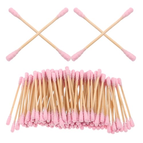 WOONEKY 1000 Unidades Bastoncillos de Algodón de Doble Punta Rosa Cabeza Espiral Aplicadores de Maquillaje con Mango de Madera para Limpieza de Oídos y Removedor de Cosméticos