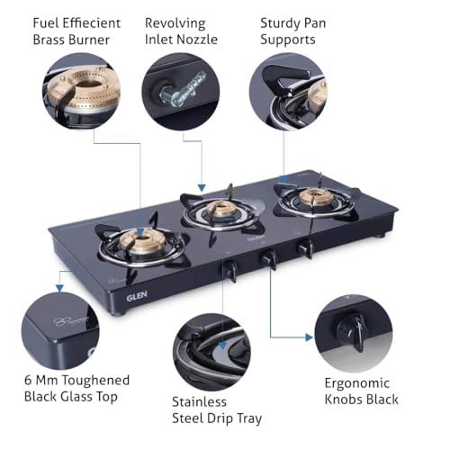 Glen Gas Stove 3 Burner Toughened Glass Top | LPG Gas Stoves Extra Large | High Flame Brass Burners Gas Stove Black | Manual Ignition ISI Certified... - Image 3