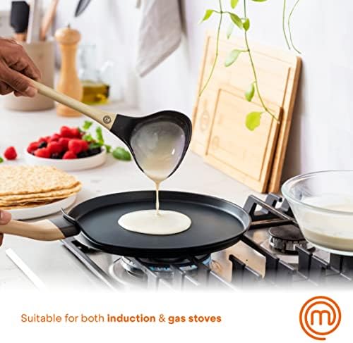 MasterChef Pancake Pan Non Stick Crepe Maker, Tawa for Induction Hob, Gas, Halogen & Ceramic Stoves, Swiss Engineered Scratch Resistant Aluminium with Wood-Look Handle, 25cm, Black
