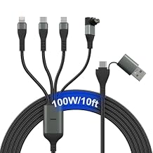 100W Multi Charging Cable with Garmin Watch Charger - 10ft Multi Charger Cable with 100W USB C, Mfi Lightning, Micro-USB, Garmin Watch Charger L-Shape for Garmin Watch iPhone 17-6 iPad Android Laptop