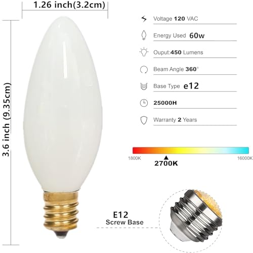 Frosted Flame Tip Chandelier Light Bulb?Lighting Candelabra Flame Tip Frosted Bulbs,E12 Candle Light Bulbs, 40W E12 Candelabra Base,Candle Light Bulbs for Chandeliers, Ceiling Fan Lights (6pack)