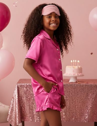 Image of Arshiner Girls Pajamas Silk Satin Pajama Set Button Pjs Ruffle Sleepwear