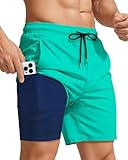 7 Inch 7in Men Swim Trunks Compression Liner Quick Dry Drawstring Male Swimwear Swimsuit Swimtrunks Boardshorts Bathing Suit Fair Beach Water Shorts Zipper Mesh Pocket Lined Inseam Harbor Aqua Navy