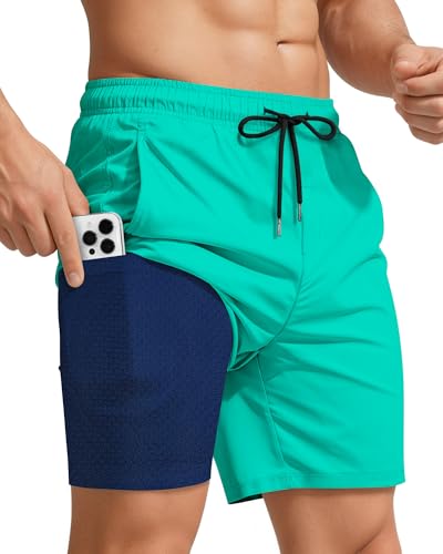 7 Inch 7in Men Swim Trunks Compression Liner Quick Dry Drawstring Male Swimwear Swimsuit Swimtrunks Boardshorts Bathing Suit Fair Beach Water Shorts Zipper Mesh Pocket Lined Inseam Harbor Aqua Navy