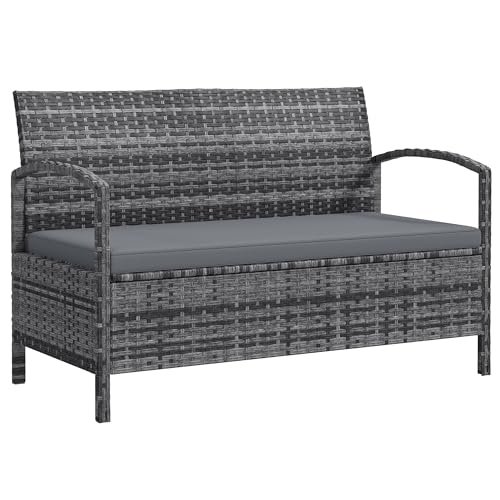 Outsunny Garden Storage Bench with 125L Capacity, 2 Seater PE Rattan Garden Bench with Storage, Cushion, Wicker Outdoor Bench Loveseat with Steel Frame for Patio, Grey