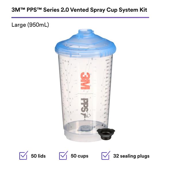 Image of 3M PPS Series 2.0 Vented Spray Cup Kit, Large, 26164, Ready to Use Vented Cup, Includes 32.1 fl oz Cup, Lids with a 125 Micron Filter Built in for Easy-to-use for Automotive