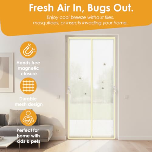 Image of KARP Mosquito Net for Door with Strong Magnets, Automatic Closing Mesh Screen, Anti-Fly & Insect Protection, Easy Fit Door Curtain for Home (Polyester - Beige, 100 Cm Width X 210 Cm Height)