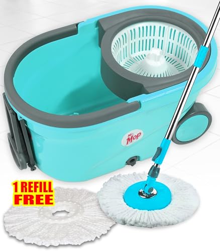 Image of Mr.Mop 360 Degree Round Spin Bucket Mop for Floor Cleaning with Rod Stick and 2 Microfiber Refill | Magic Pocha Set (Aqua Green (Plastic Jali))