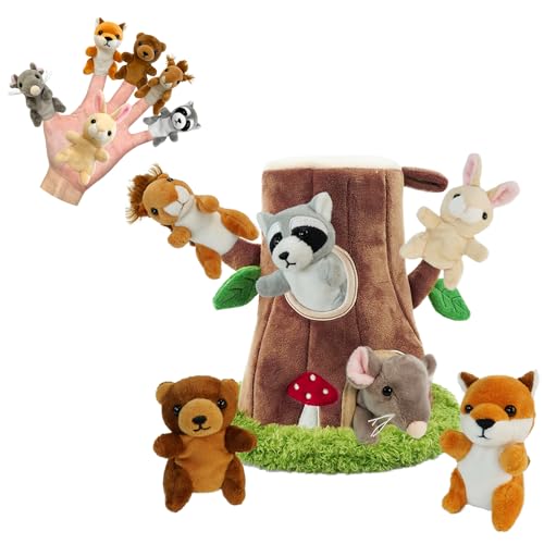 JUSTQUNSEEN 6 Pcs Jungle Animals Finger Puppet with Tree Houses, Realistic Soft Plush Toy for Kids, Novelty Animals Toys Role-Playing Story Finger Puppets Plush Finger Puppets Gifts for Boys and Girls