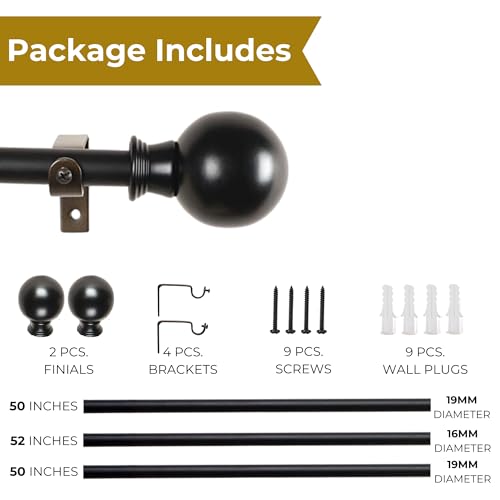 Image of The Decor Mart 52 inch to 144 inch Extendable Curtain Rod |1 inch Curtain Rods for Door & Windows Adjustable Iron Telescopic Drapery Bar with Grey Metal Finials | Black